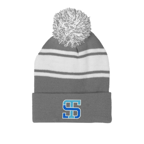 Grey/White Two Tone Knit Pom Beanie w/Cuff-Monogram