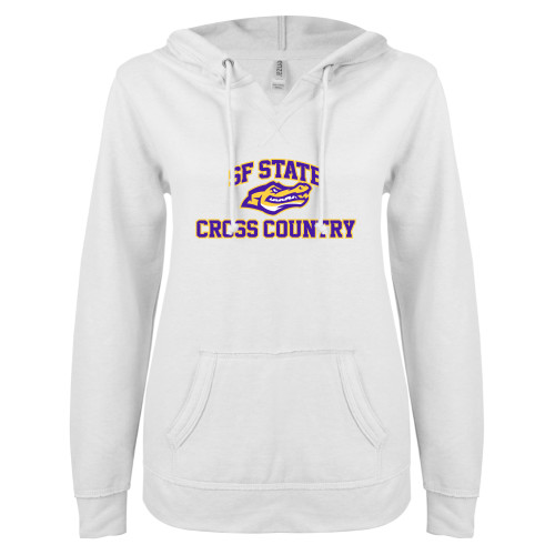  ENZA Womens White V Notch Raw Edge Fleece Hoodie - SF State Cross Country