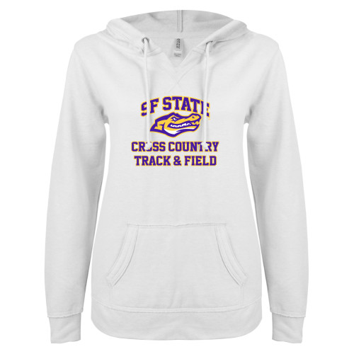  ENZA Womens White V Notch Raw Edge Fleece Hoodie - SF State Cross Country and T&F