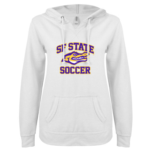  ENZA Womens White V Notch Raw Edge Fleece Hoodie - SF State Soccer