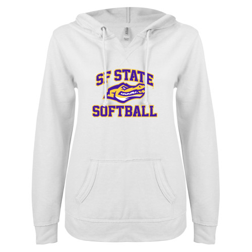  ENZA Womens White V Notch Raw Edge Fleece Hoodie - SF State Softball