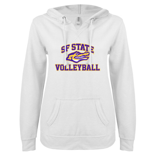  ENZA Womens White V Notch Raw Edge Fleece Hoodie - SF State Volleyball