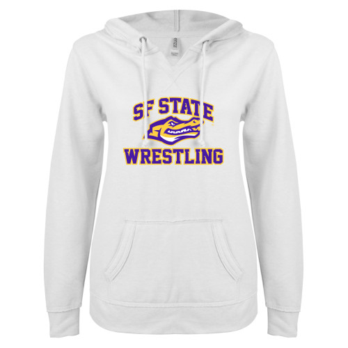  ENZA Womens White V Notch Raw Edge Fleece Hoodie - SF State Wrestling