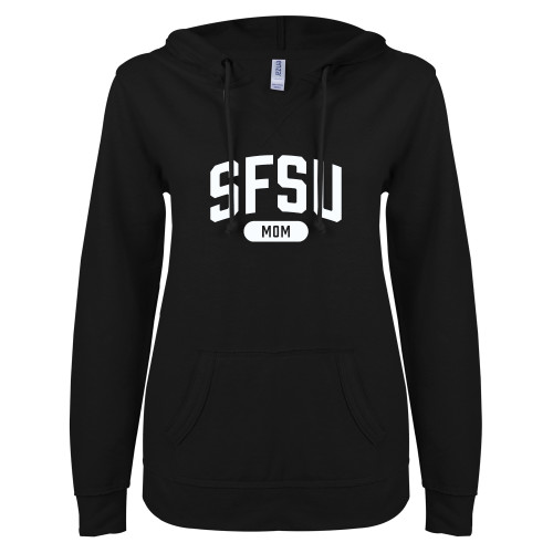  ENZA Womens Black V Notch Raw Edge Fleece Hoodie - SF State Mom