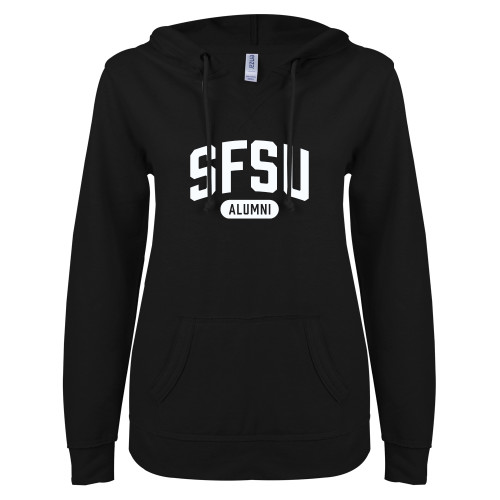  ENZA Womens Black V Notch Raw Edge Fleece Hoodie - SF State Alumni
