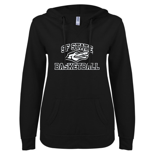  ENZA Womens Black V Notch Raw Edge Fleece Hoodie - SF State Basketball