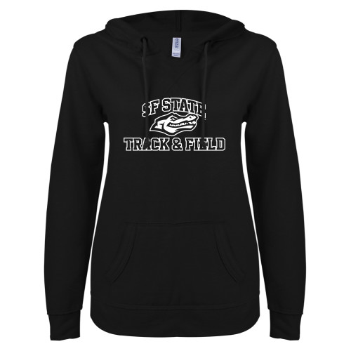  ENZA Womens Black V Notch Raw Edge Fleece Hoodie - SF State Track & Field