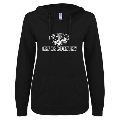  ENZA Womens Black V Notch Raw Edge Fleece Hoodie - SF State Cross Country