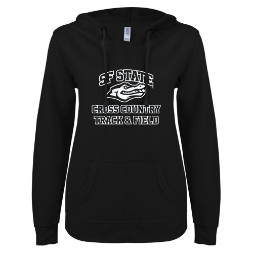  ENZA Womens Black V Notch Raw Edge Fleece Hoodie - SF State Cross Country and T&F