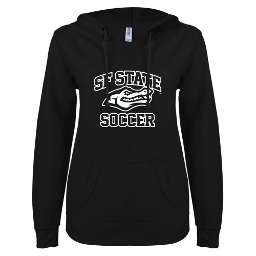  ENZA Womens Black V Notch Raw Edge Fleece Hoodie - SF State Soccer