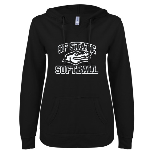  ENZA Womens Black V Notch Raw Edge Fleece Hoodie - SF State Softball