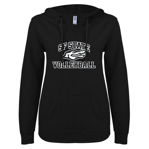  ENZA Womens Black V Notch Raw Edge Fleece Hoodie - SF State Volleyball