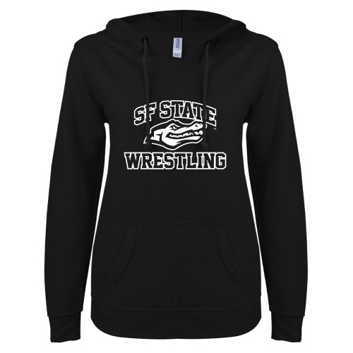  ENZA Womens Black V Notch Raw Edge Fleece Hoodie - SF State Wrestling