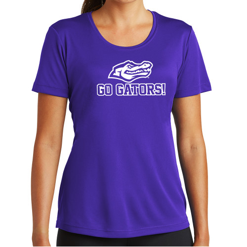  Womens Purple Performance Tee - Go Gators with Gator Head
