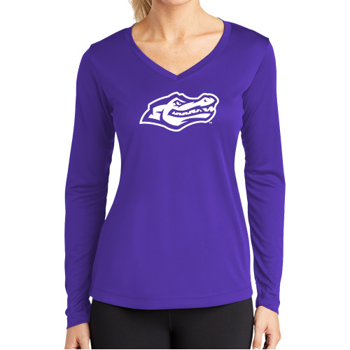  Womens Purple Performance Long Sleeve V Neck Shirt - Gator Head