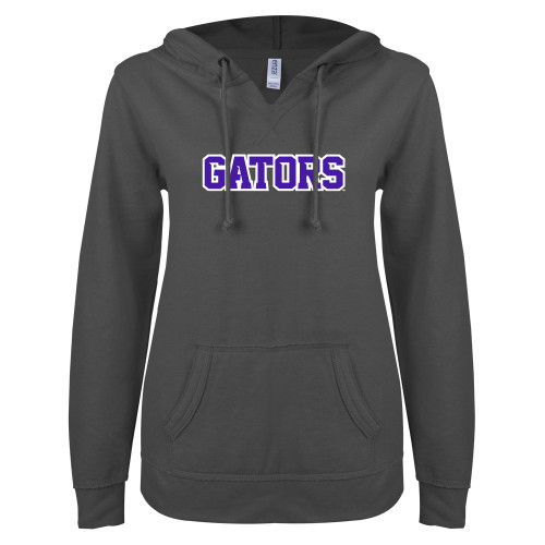  ENZA Womens Dark Heather V Notch Raw Edge Fleece Hoodie - Gators Wordmark