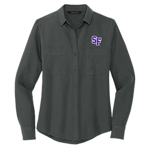 Mercer + Mettle Womens Grey Crepe Long Sleeve Camp Blouse - SF Monogram