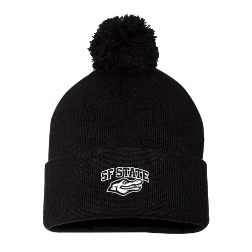  Sportsman Black Pom Pom Cuffed Beanie - SF State with Gator Head
