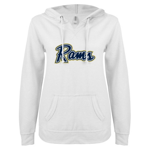  ENZA Womens White V Notch Raw Edge Fleece Hoodie - Rams Logo