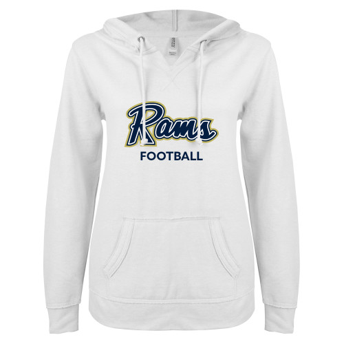  ENZA Womens White V Notch Raw Edge Fleece Hoodie - Football