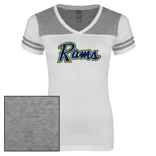  Womens White/Heather Grey Varsity V Neck Tee  - Rams Logo