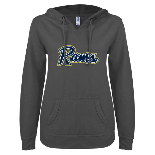  ENZA Womens Dark Heather V Notch Raw Edge Fleece Hoodie - Rams Logo