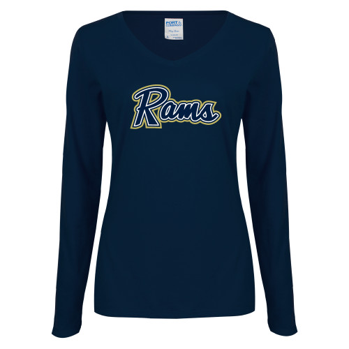  Womens Navy Long Sleeve V Neck Tee - Rams Logo