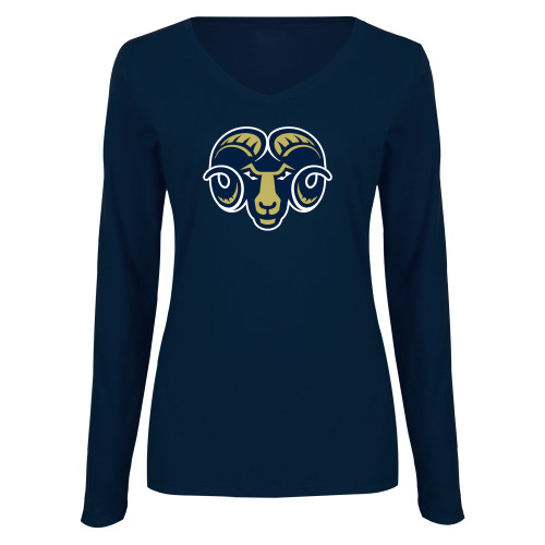  Womens Navy Long Sleeve V Neck Tee - Ram Head