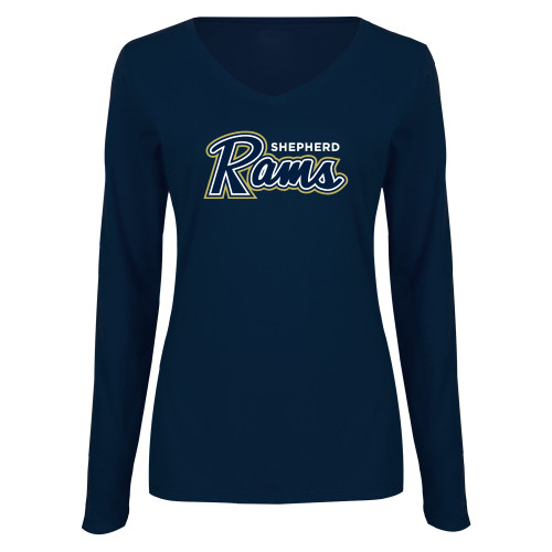  Womens Navy Long Sleeve V Neck Tee - Ram Script