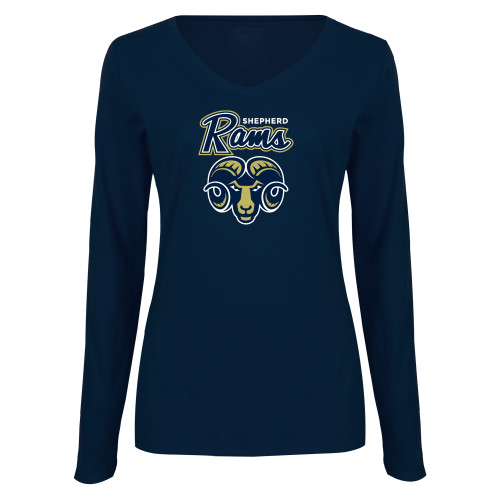  Womens Navy Long Sleeve V Neck Tee - Ram Script with Head