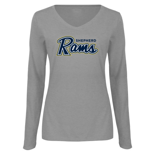  Womens Grey Long Sleeve V Neck Tee  - Ram Script