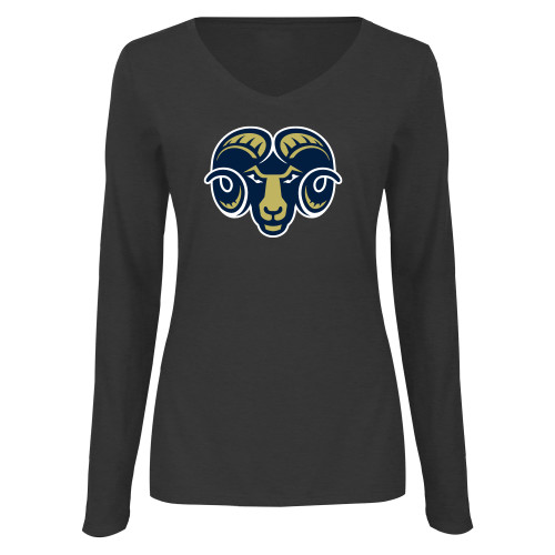  Womens Dark Heather Long Sleeve V Neck Tee  - Ram Head