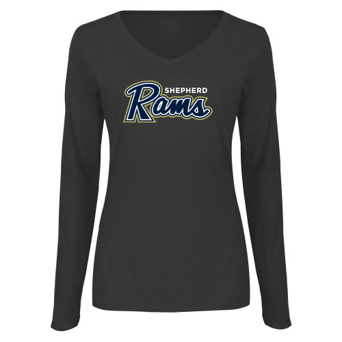  Womens Dark Heather Long Sleeve V Neck Tee  - Ram Script