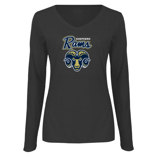  Womens Dark Heather Long Sleeve V Neck Tee  - Ram Script with Head