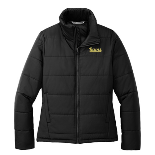  Womens Black Puffer Jacket - Rams Script Logo