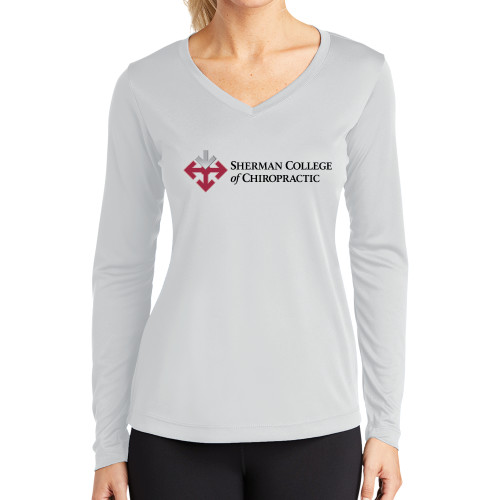 Womens White Performance Long Sleeve V Neck Shirt-College Logo