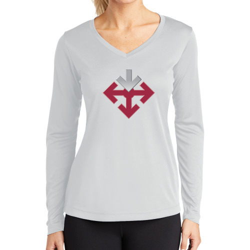 Womens White Performance Long Sleeve V Neck Shirt-Sherman Arrows