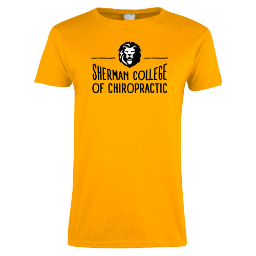 Womens Gold Short Sleeve Tee-Sherman College of Chiropractic with Lion