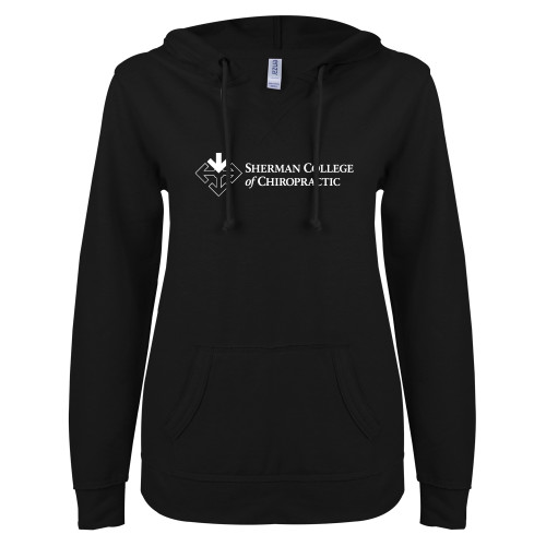 ENZA Womens Black V Notch Raw Edge Fleece Hoodie-College Logo