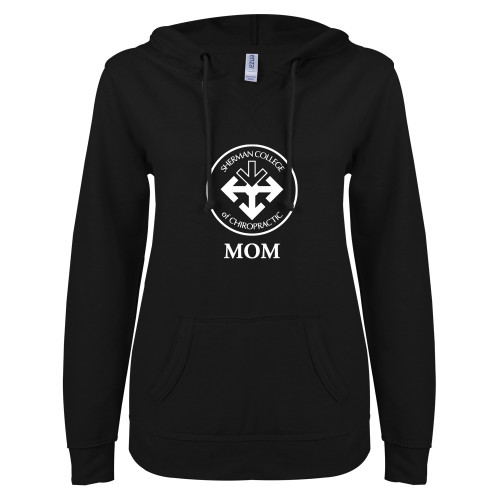 ENZA Womens Black V Notch Raw Edge Fleece Hoodie-Mom with Seal