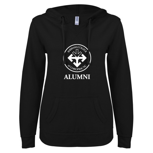 ENZA Womens Black V Notch Raw Edge Fleece Hoodie-Alumni with Seal