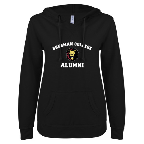 ENZA Womens Black V Notch Raw Edge Fleece Hoodie-Alumni with Lion