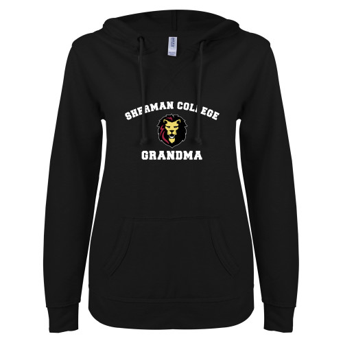 ENZA Womens Black V Notch Raw Edge Fleece Hoodie-Grandma with Lion