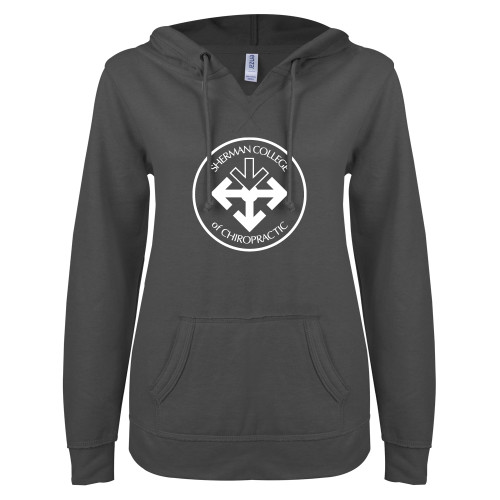 ENZA Womens Dark Heather V Notch Raw Edge Fleece Hoodie-Seal