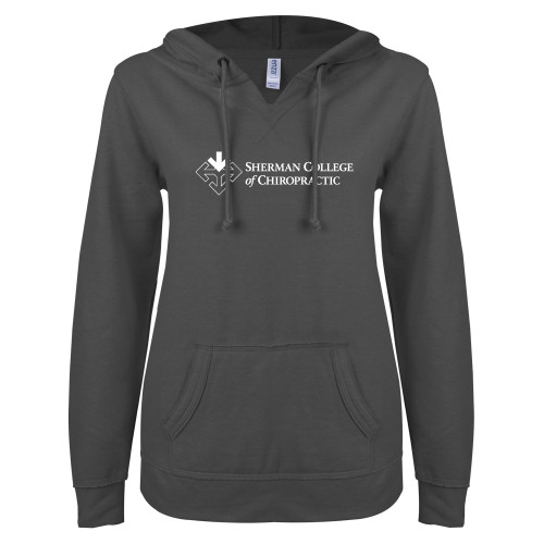 ENZA Womens Dark Heather V Notch Raw Edge Fleece Hoodie-College Logo