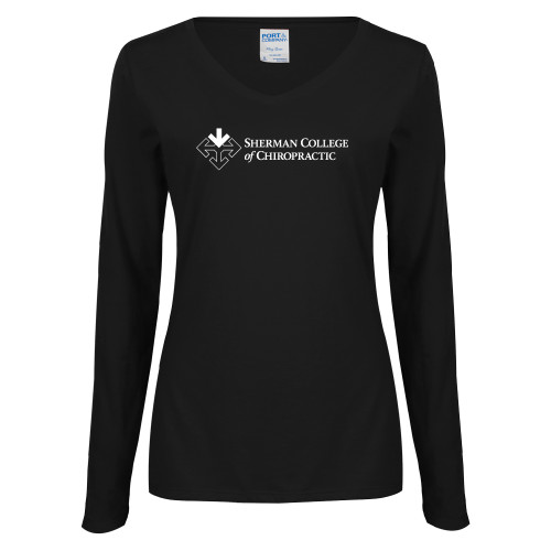 Womens Black Long Sleeve V Neck Tee -College Logo