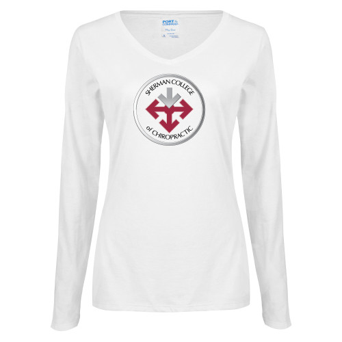 Womens White Long Sleeve V Neck Tee-Seal