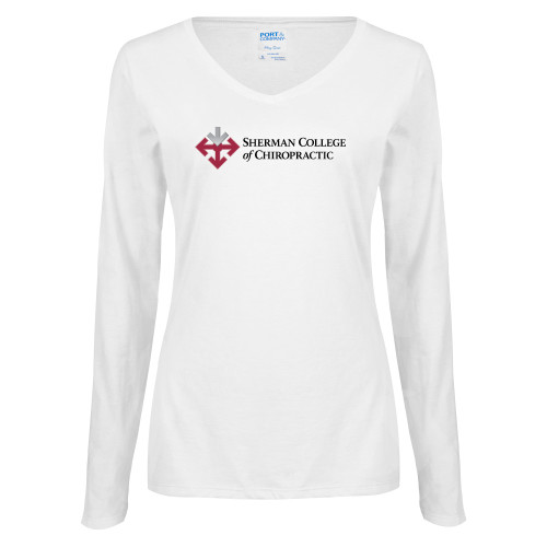 Womens White Long Sleeve V Neck Tee-College Logo