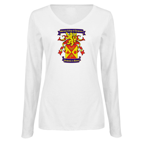 Womens White Long Sleeve V Neck Tee-Presidents Crest