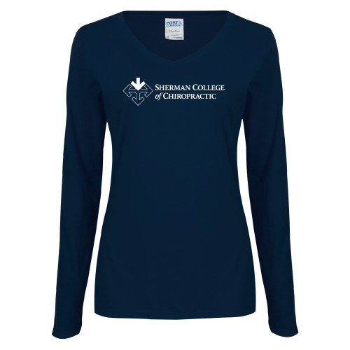 Womens Navy Long Sleeve V Neck Tee-College Logo